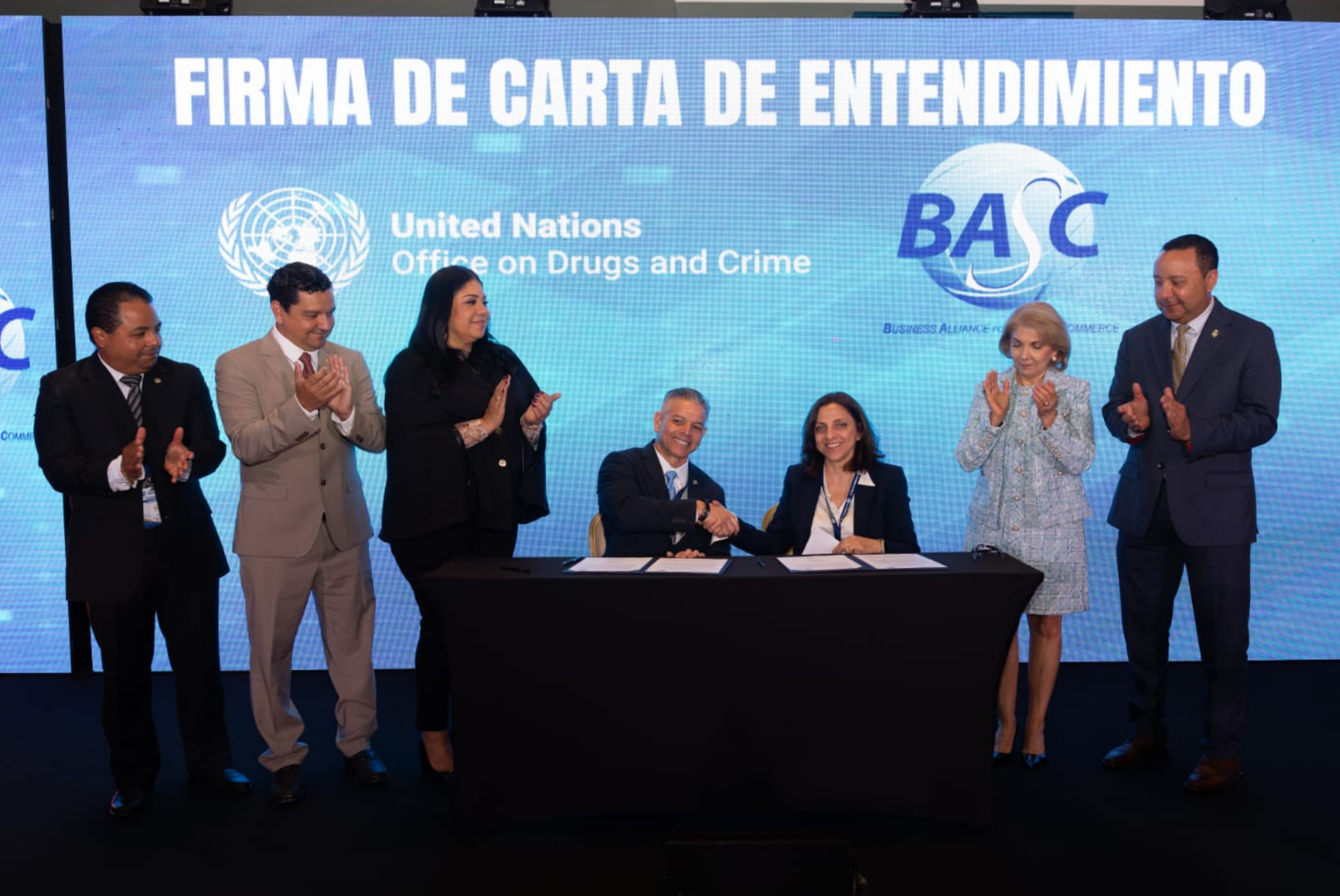 From left to right: Raúl Villalobos, president of BASC Panama; Oscar Sánchez, chairman of the WBO Board of Directors; Soraya Valdivieso, director general of the National Customs Authority of Panama; Erik Moncayo, international president of WBO; Cristina Iampieri, head of the UNODC Passenger and Cargo Control Program; Giomar González, executive director of BASC Panama; and James L. Collins, deputy commissioner of the CBP Office of International Affairs.