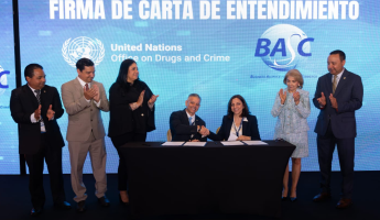 From left to right: Raúl Villalobos, president of BASC Panama; Oscar Sánchez, chairman of the WBO Board of Directors; Soraya Valdivieso, director general of the National Customs Authority of Panama; Erik Moncayo, international president of WBO; Cristina Iampieri, head of the UNODC Passenger and Cargo Control Program; Giomar González, executive director of BASC Panama; and James L. Collins, deputy commissioner of the CBP Office of International Affairs.